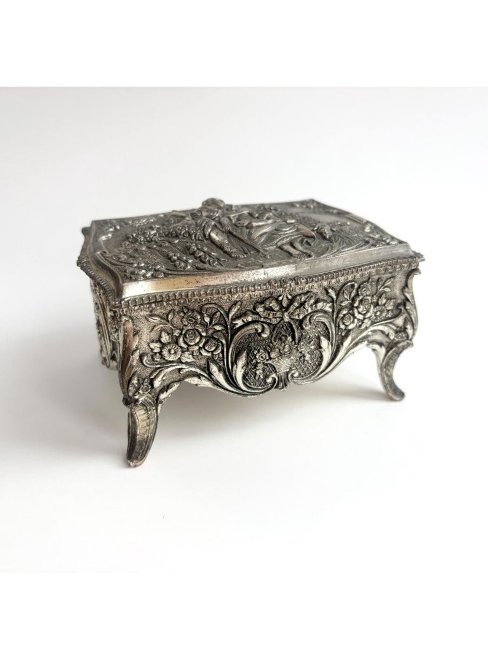 Victorian Insp Silver Toned Repousse Footed Red Velvet Trinket | Jewelry Box